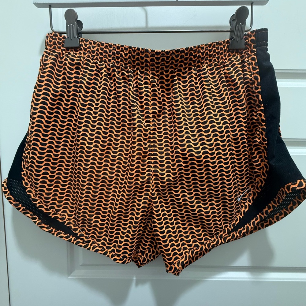 Nike. One Dri-Fit Mid Rise 3" Short w/Attached Brief. Orange/Black. Size Medium.